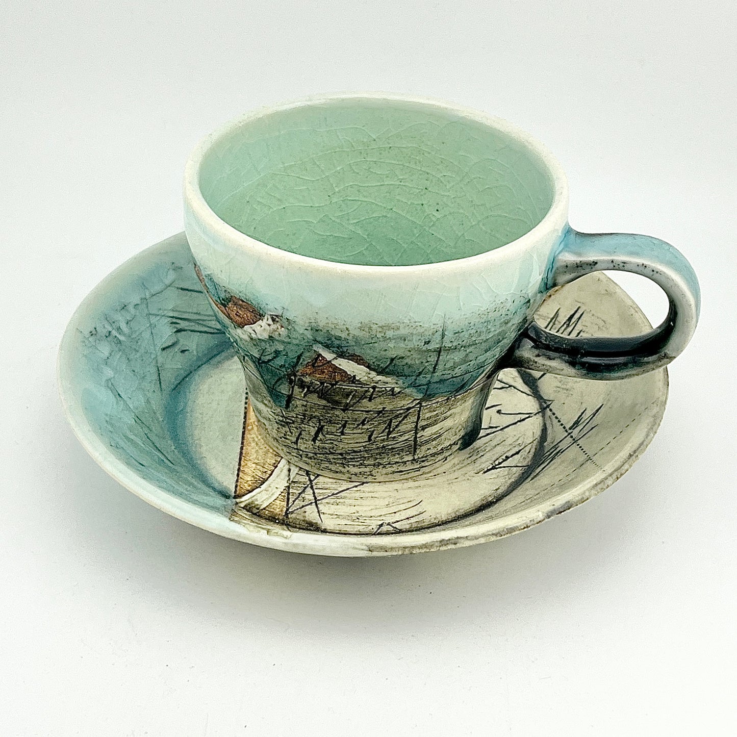 美濃焼　鶴林窯　線刻　カップ＆ソーサー