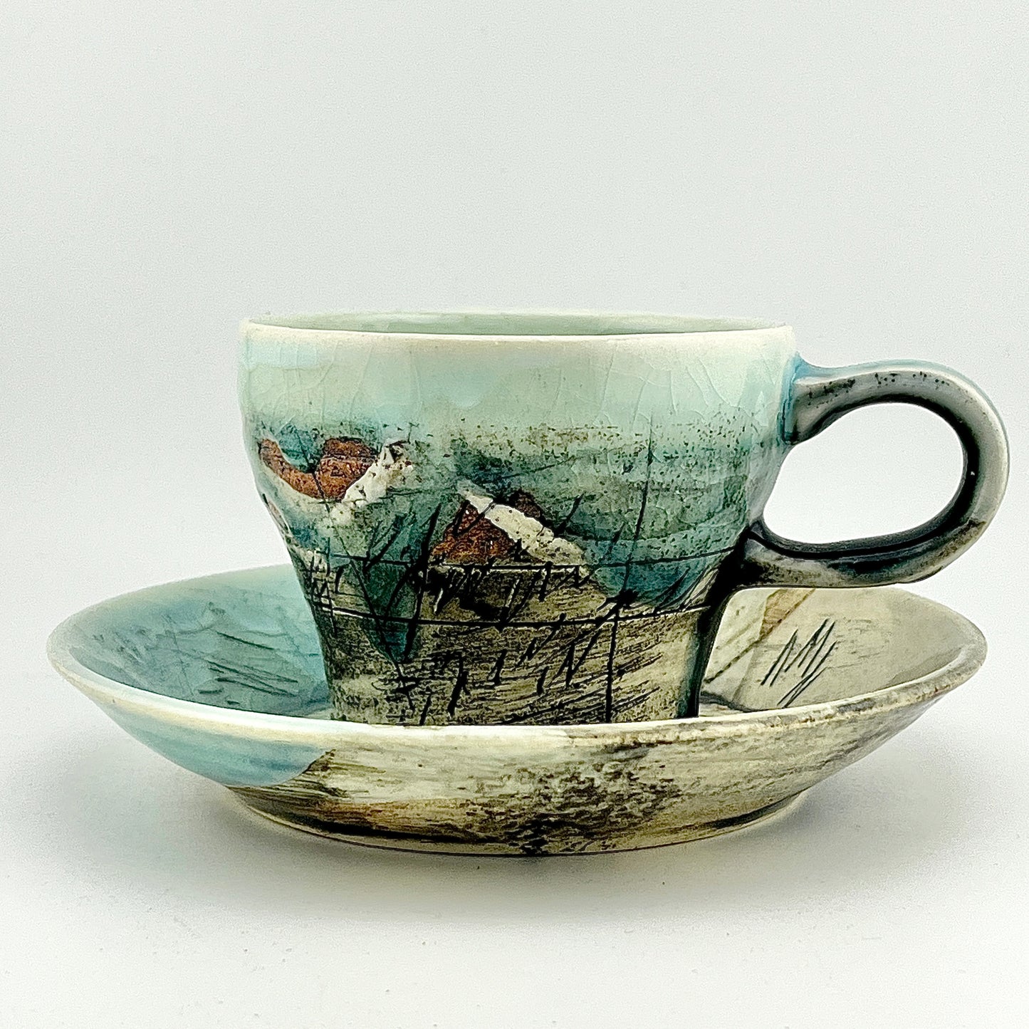 美濃焼　鶴林窯　線刻　カップ＆ソーサー